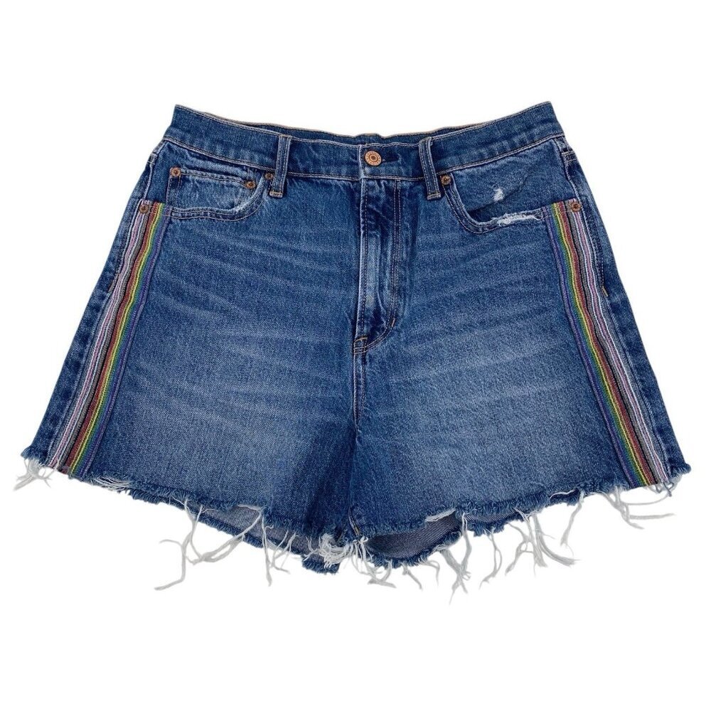 American Eagle Highest Rise 90s Boyfriend Denim Short Rainbow Stripe Size 10